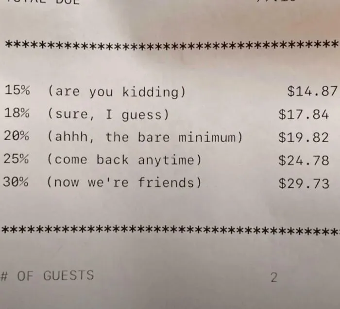 A restaurant bill showing various tipping culture percentages and the corresponding amounts, illustrating the need to end tipping.