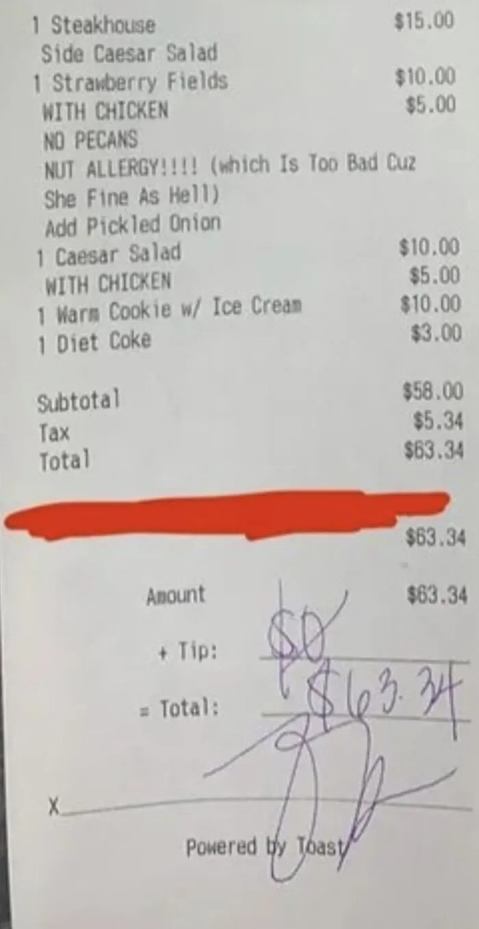 A restaurant bill with an added tip, demonstrating how tipping culture in the US needs to change.