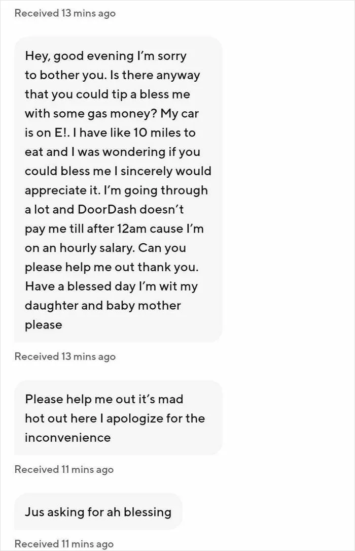 Text messages showing someone asking for gas money to end tipping culture, illustrating tipping practices.