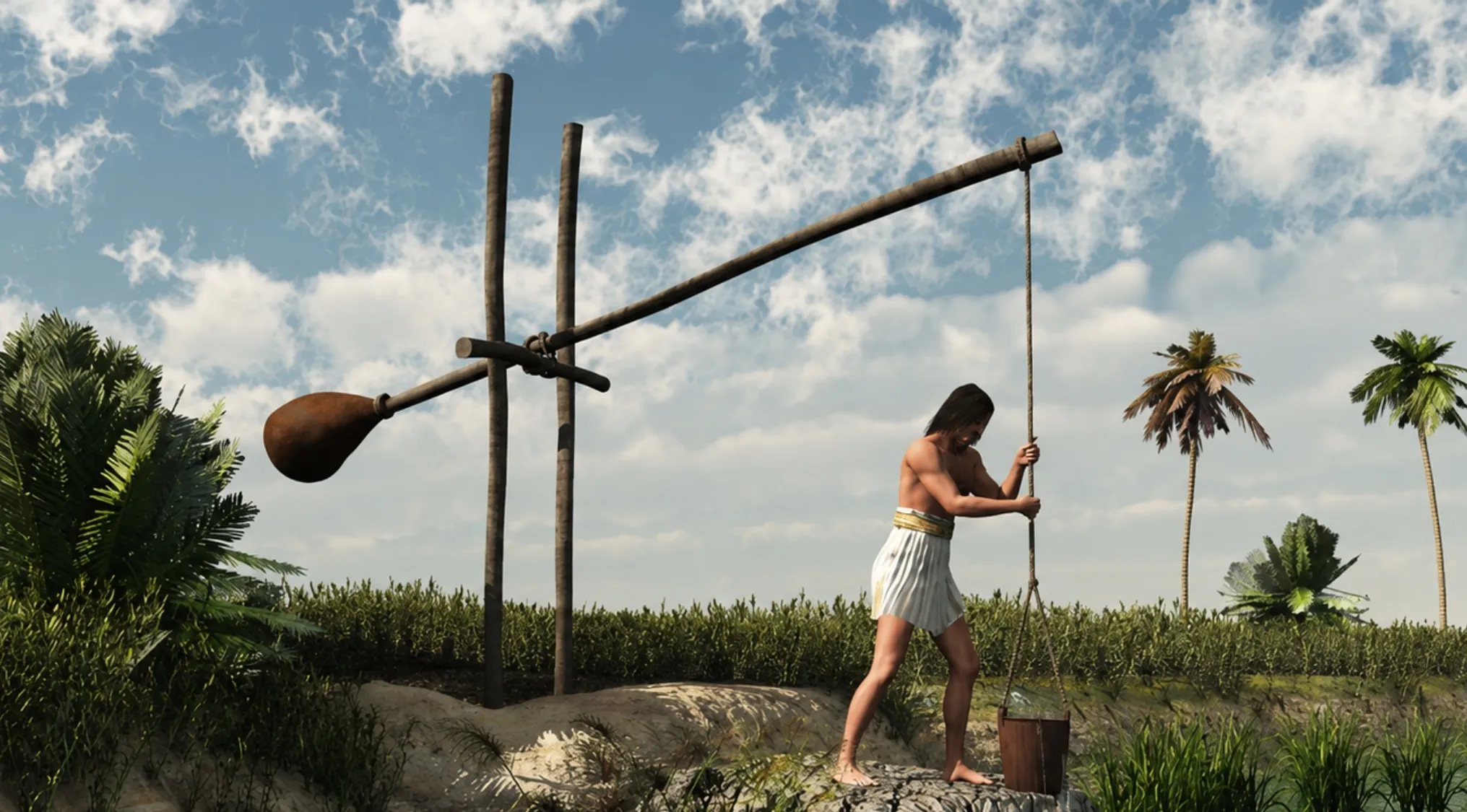 An ancient man operates a shaduf to draw water from a river for irrigation under a cloudy sky. Ancient Tools.