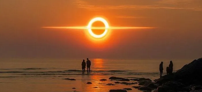 People watching a solar eclipse over water, creating a scary and eerie atmosphere with extremely large celestial event.