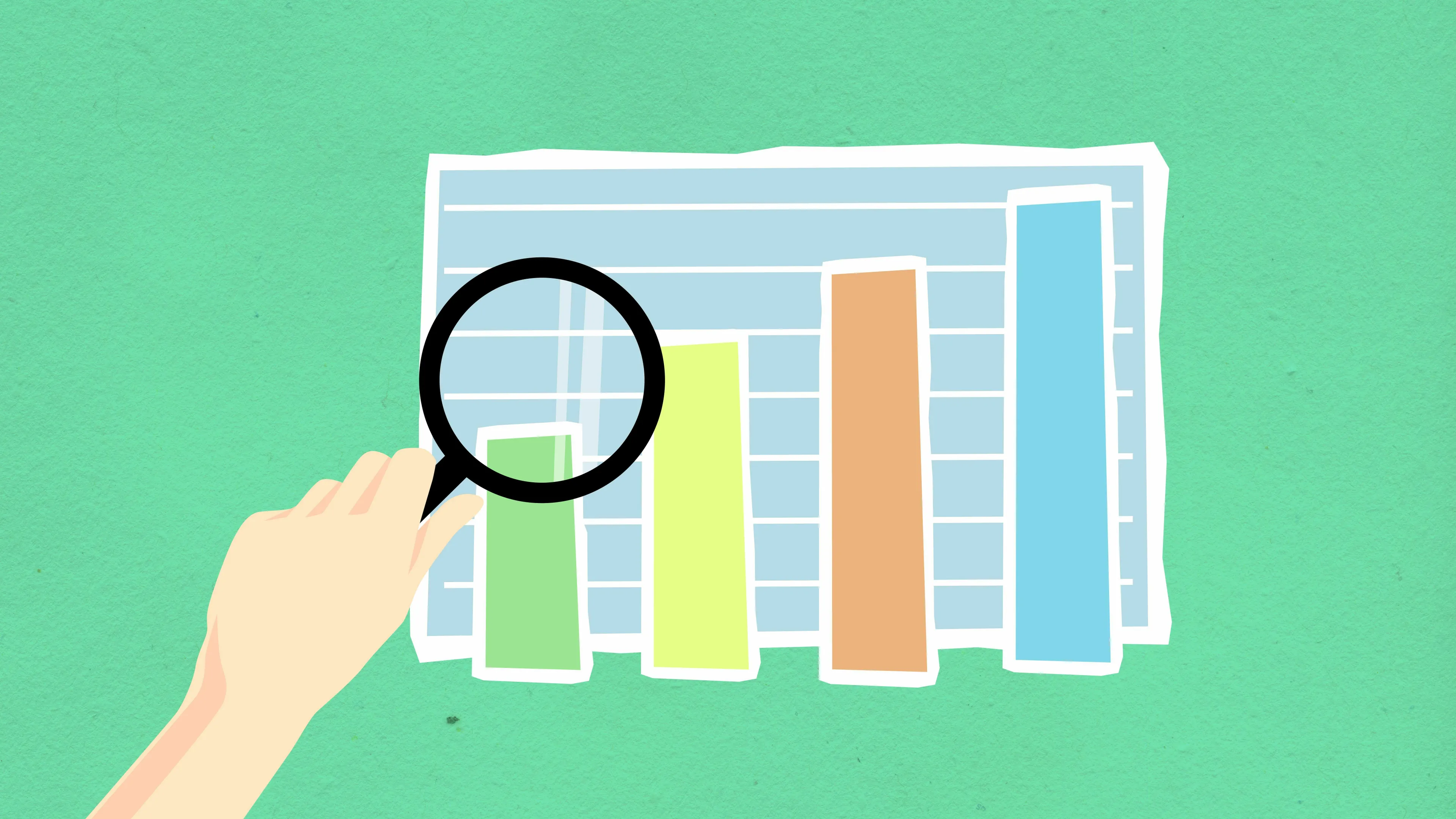 A hand holding a magnifying glass over a bar graph, illustrating statistical significance in Statistics.