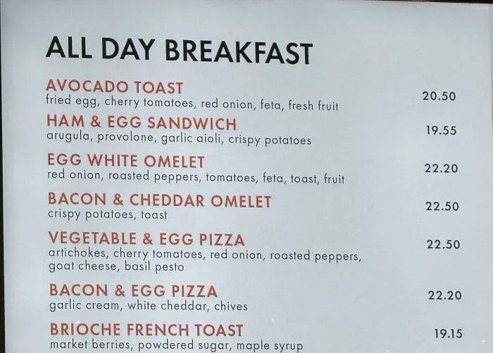 A restaurant menu displaying high prices for breakfast items, reflecting the insulting consumerism.