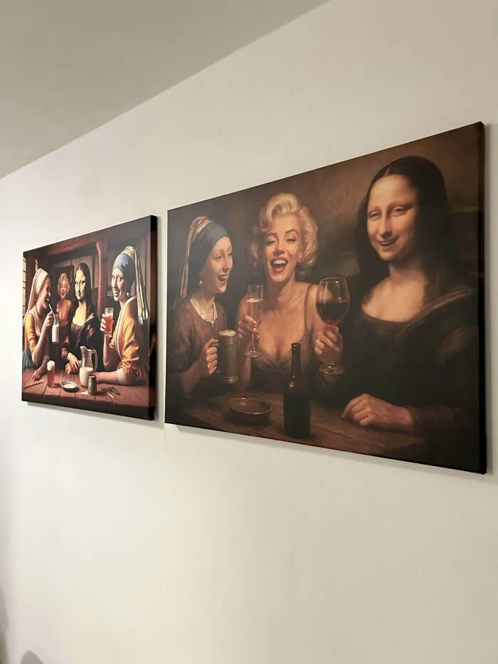 Two humorous paintings depicting classic art figures like Mona Lisa having drinks. This Airbnb blunder is quite a choice.