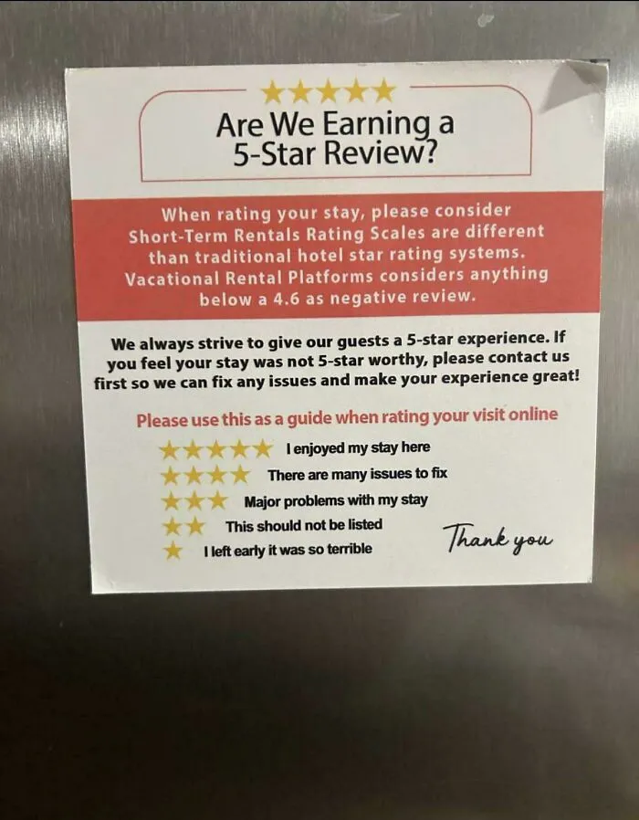 A sign detailing Airbnb blunders about 5-star review expectations and how short-term rentals are rated, guiding guests on feedback.