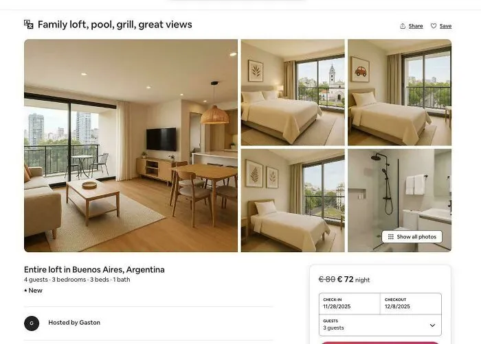 An Airbnb listing showing a modern loft in Buenos Aires with multiple rooms and city views, highlighting potential Airbnb blunders.