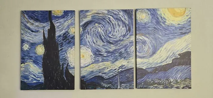 Three panels of artwork depicting Vincent van Gogh's The Starry Night, a decorative choice that might be an Airbnb blunder if not maintained.
