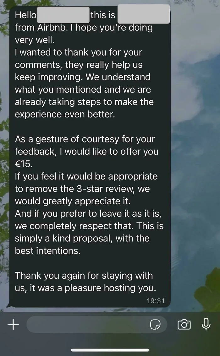 An Airbnb message offering compensation for a review, one of the Airbnb blunders that leads to booking a hotel room.