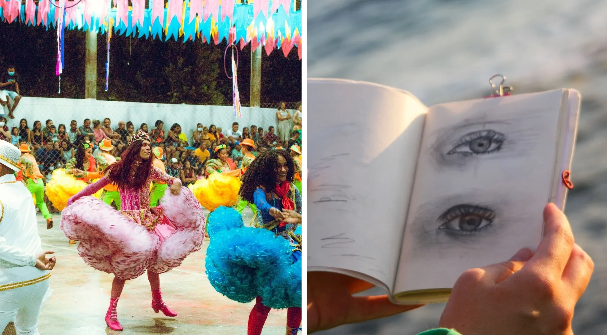 A split image showing a vibrant festival skit and a sketchbook open to a rough drawing of eyes.