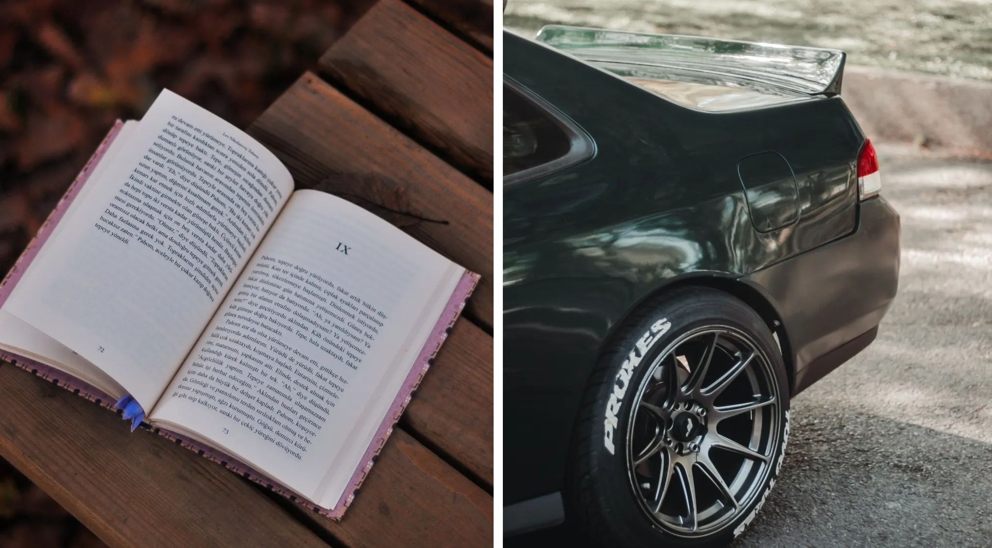 A book on a wooden bench and the rear of a dark car with a spoiler and a tire showing. Double-meaning words.