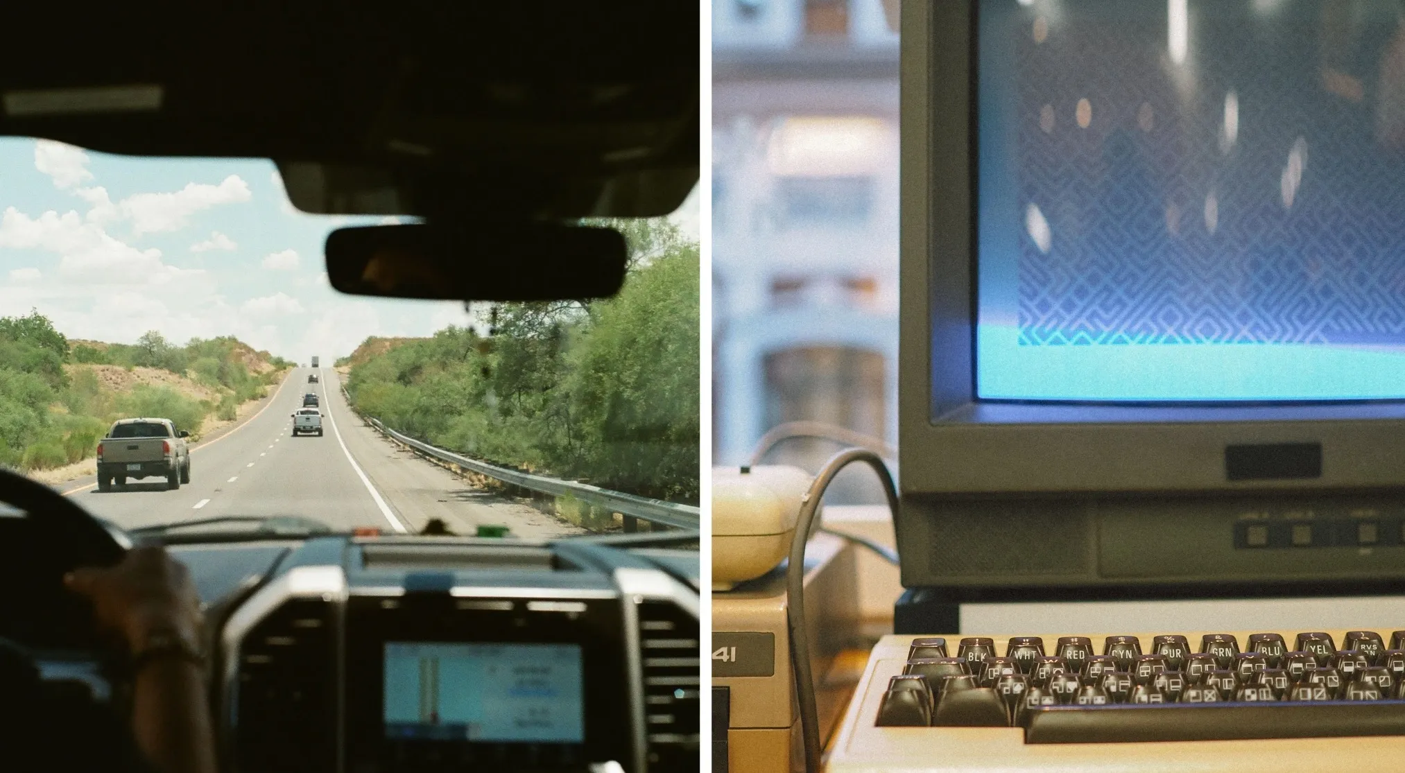 A car POV on a highway and a vintage computer screen with a keyboard. Double-meaning words for guiding vehicles and devices.