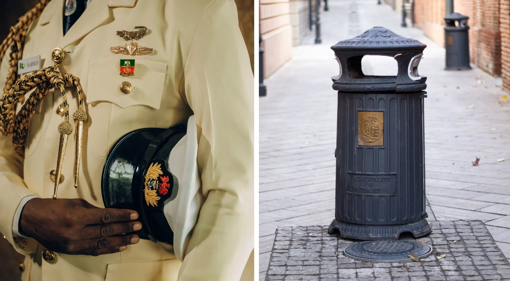 A close-up of a military uniform with insignia and a cap, juxtaposed with a black public litter bin. Rank and foul smell.
