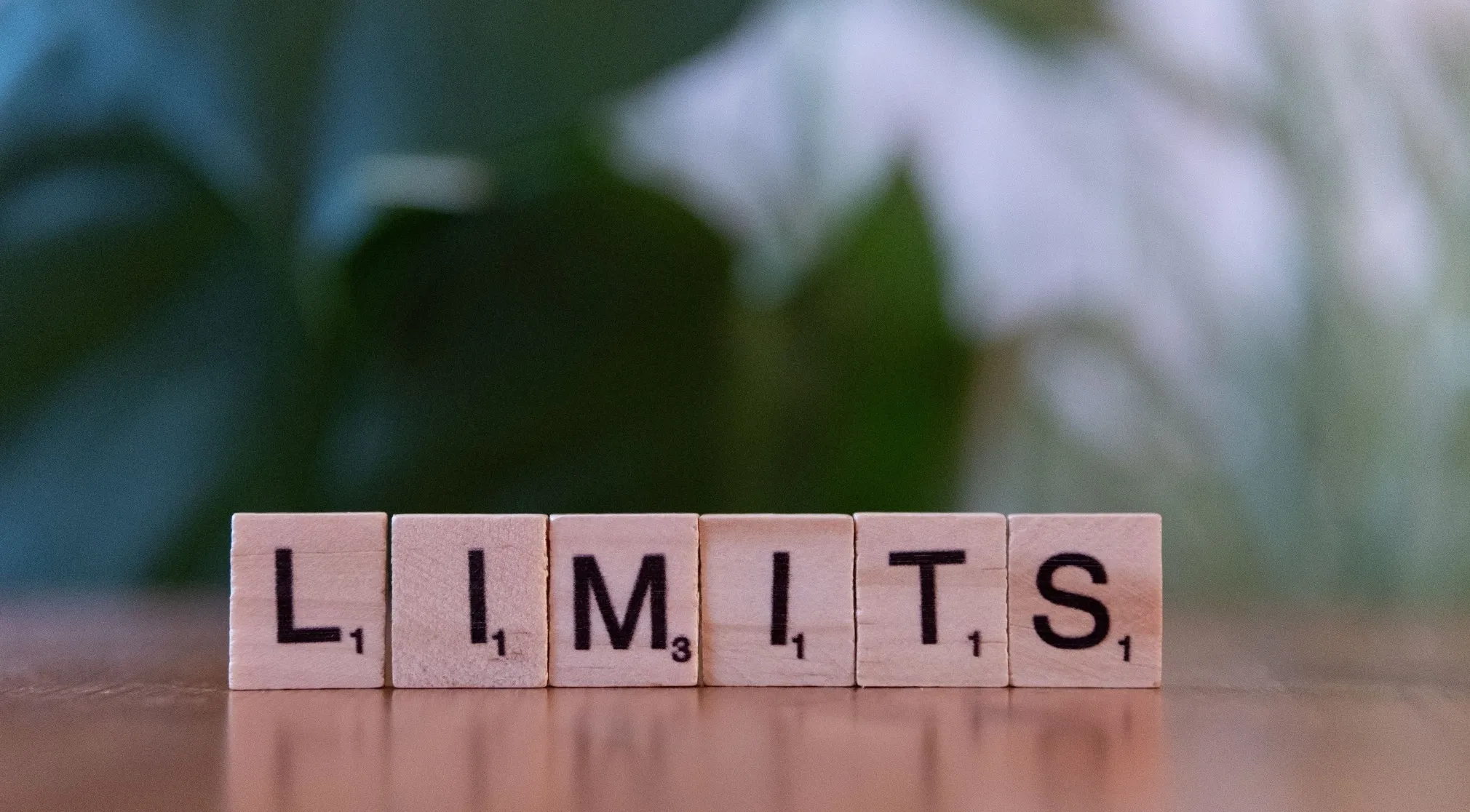 Scrabble tiles spelling LIMITS, representing double-meaning words on a wooden surface with a blurred green background.