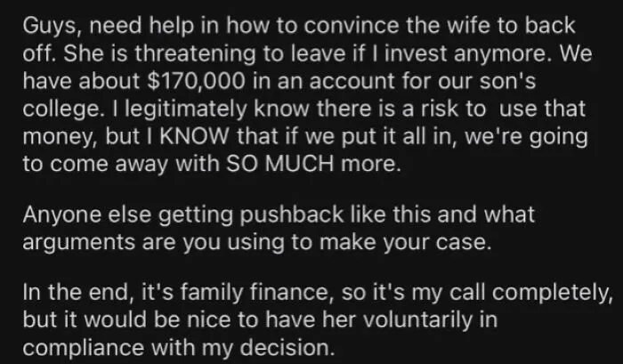 Man Complains When His Wife Refuses To Invest The Child's College Fund In Truth Social. This Is A New Level Of Dumb