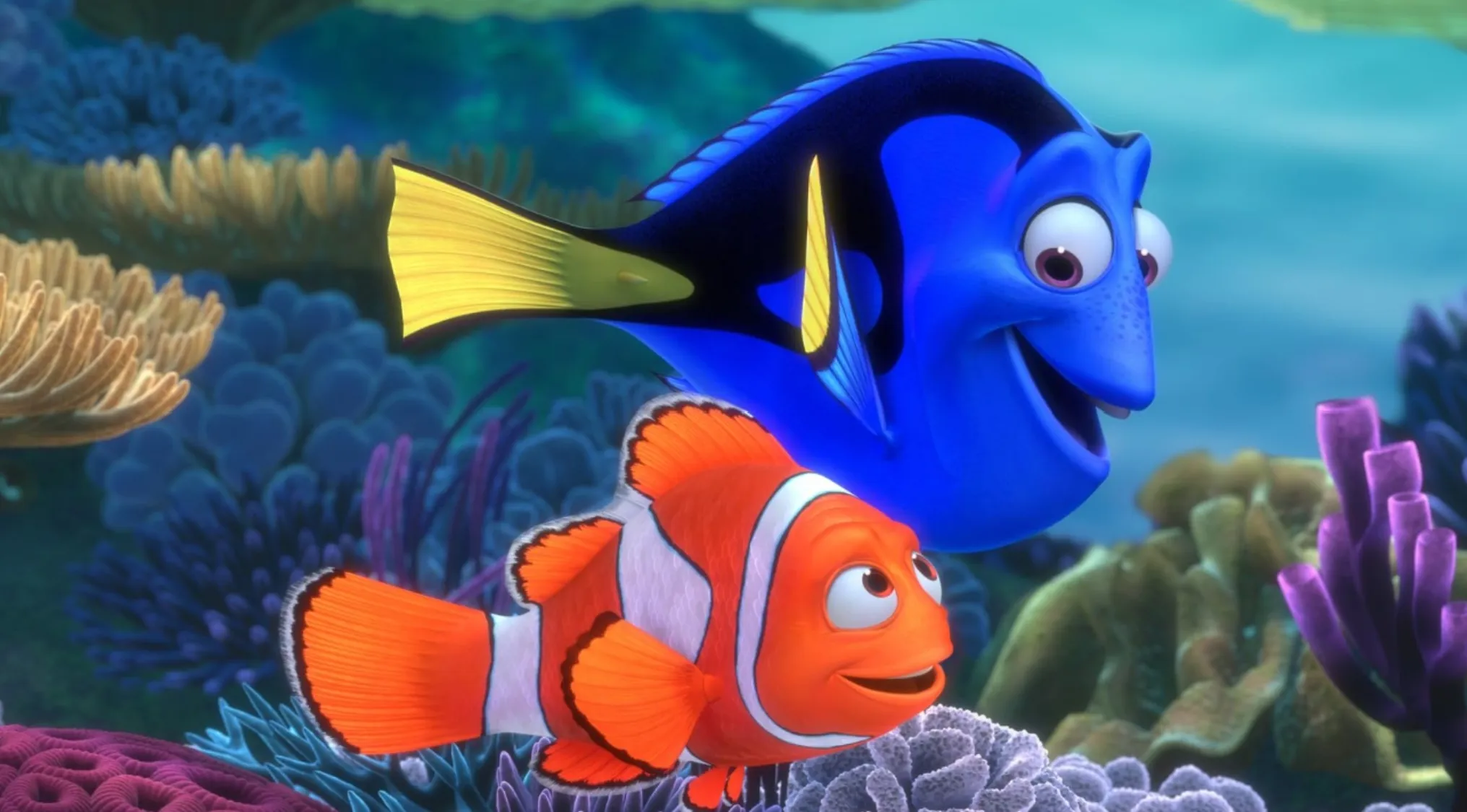 Dory and Nemo swimming in the ocean, illustrating the Finding Nemo 2000s Pop Culture Fill-In-The-Blank movie.