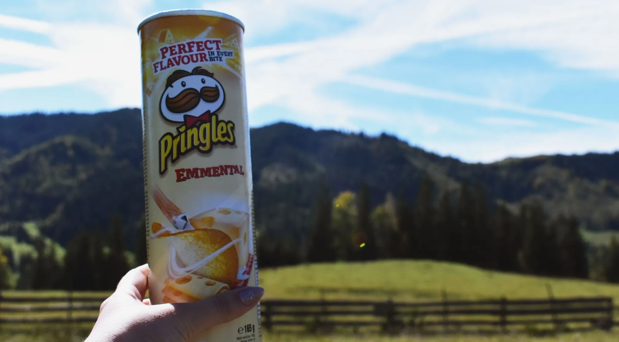 Hand holding a Pringles can outdoors with mountains, trees, and a grassy field in the background. Is the Pringles inventor buried in a Pringles can?