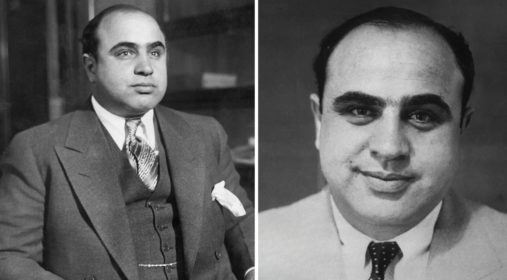 Two black and white portraits of Al Capone. One shows him in a pinstripe suit, the other smiling. Useless facts.