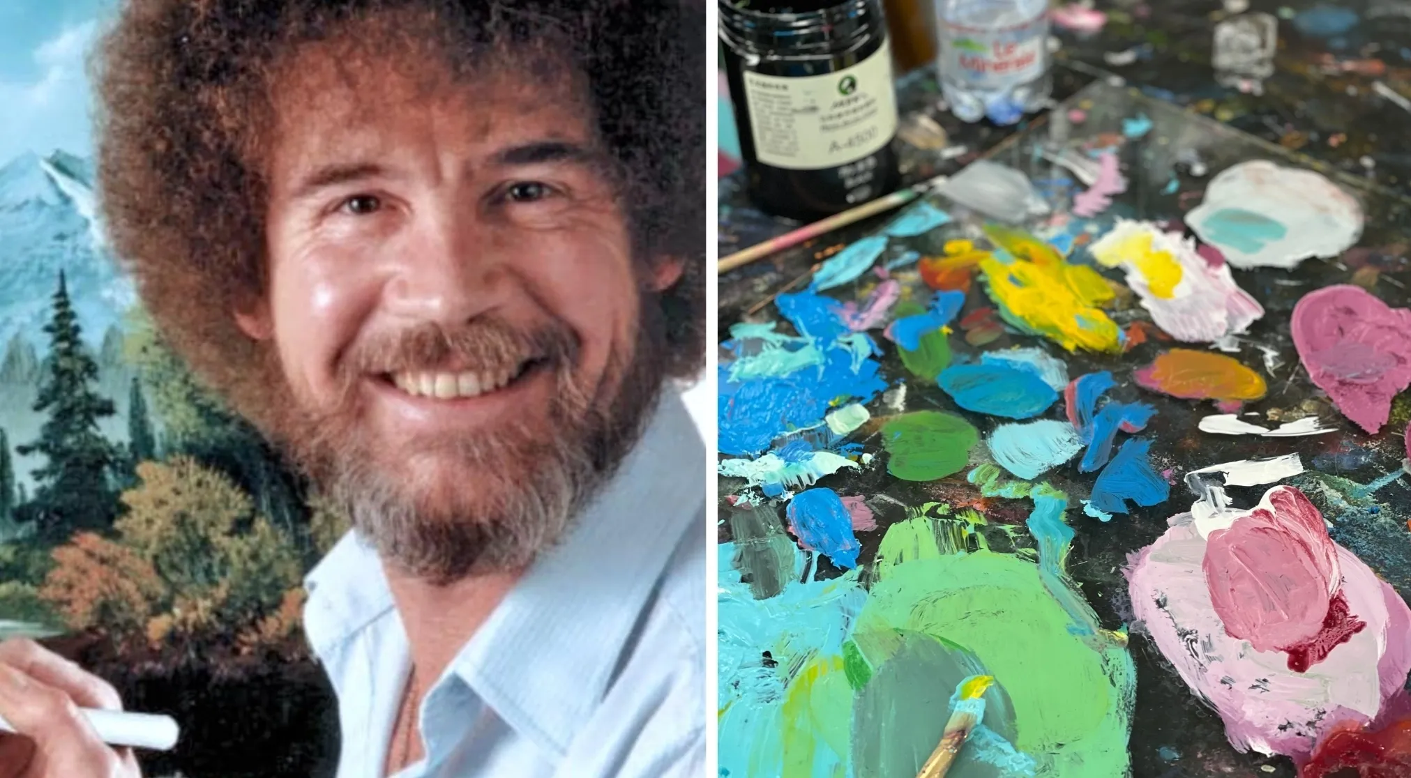 Bob Ross smiling with a landscape painting in the background and a colorful paint palette. How was Bob Ross introduced to painting?