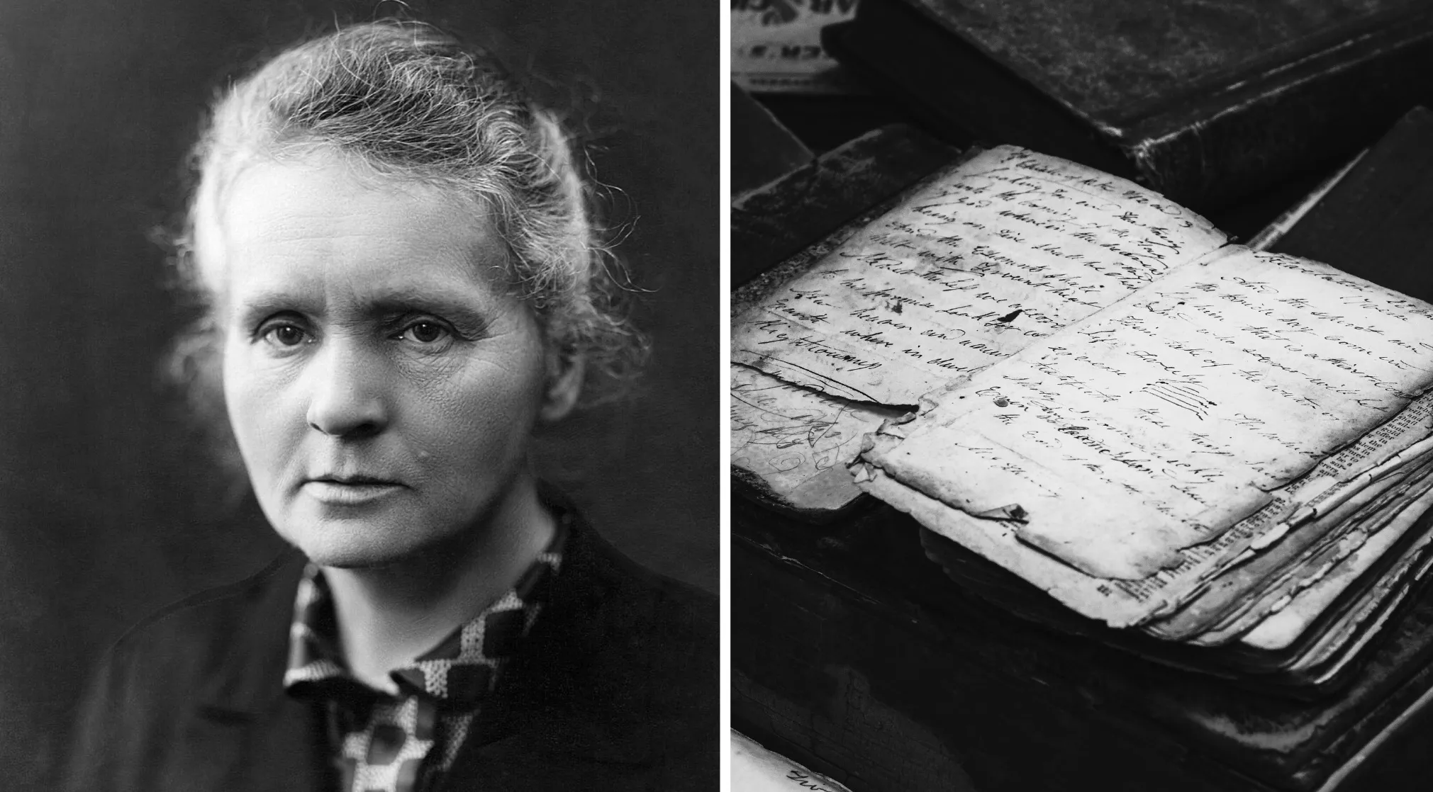 Black and white photo of Marie Curie and her century-old laboratory notebooks, highlighting the need for protective gear.