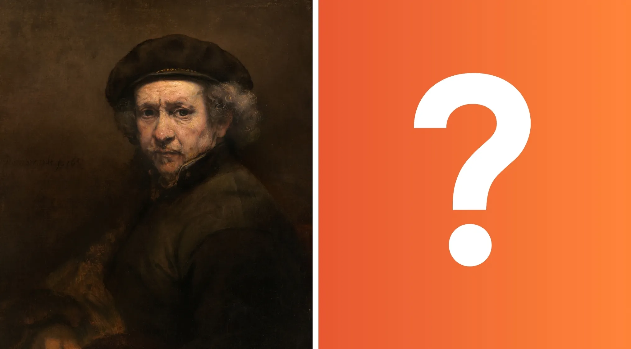An iconic self-portrait by a famous painter, showing an older man in a dark cap, looking directly at the viewer.