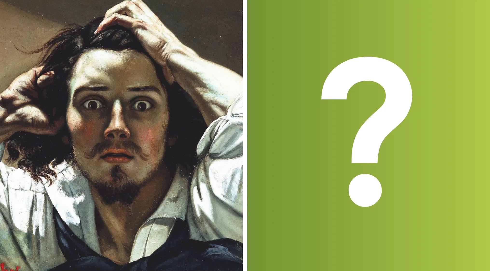 A dramatic self-portrait by a famous painter, capturing a man with wide eyes and hands pulling at his hair in despair.