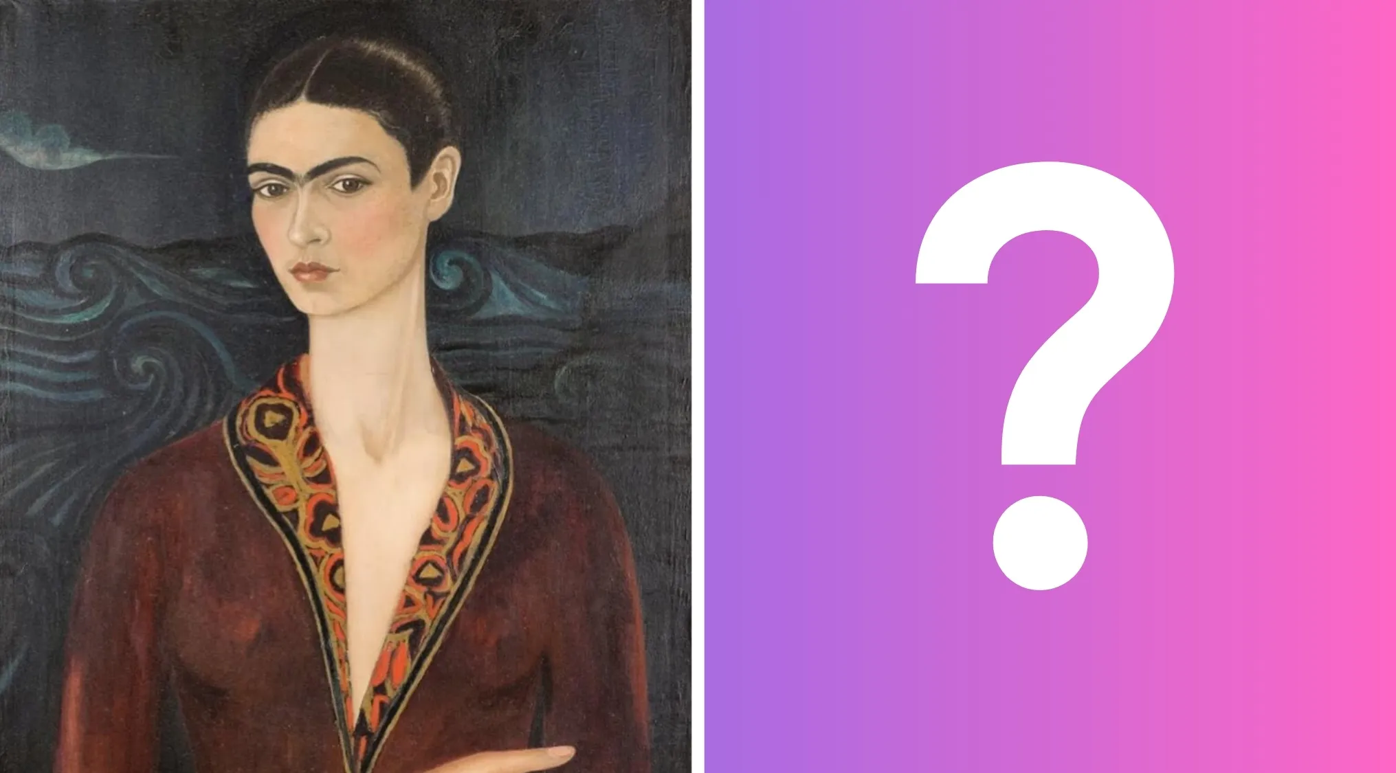 A famous painter's self-portrait, a woman with a unibrow and long neck, wearing an embroidered robe.