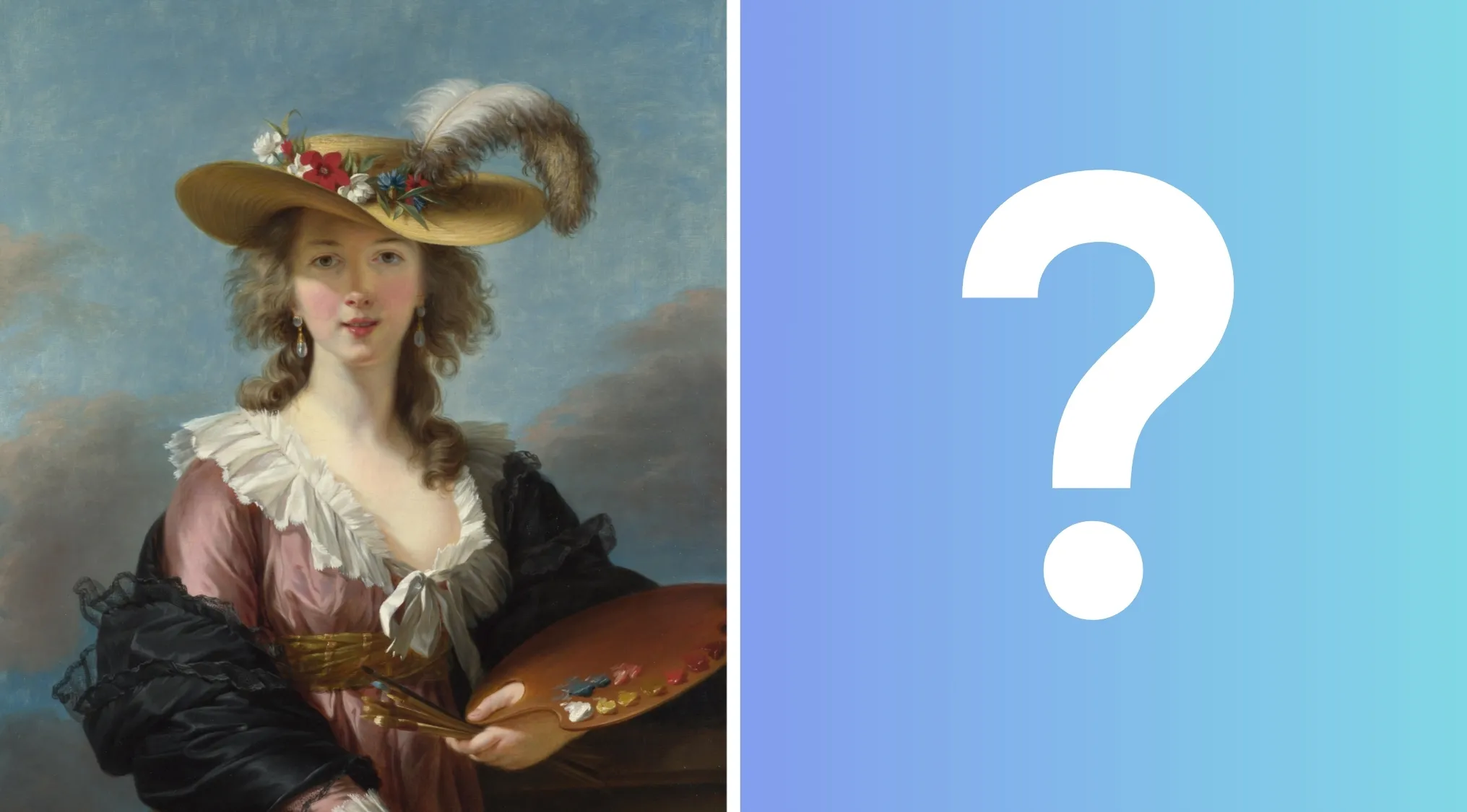 A famous painter's self-portrait featuring a woman with a hat, holding a palette, next to a question mark, inviting viewers to guess whose self-portrait this is.