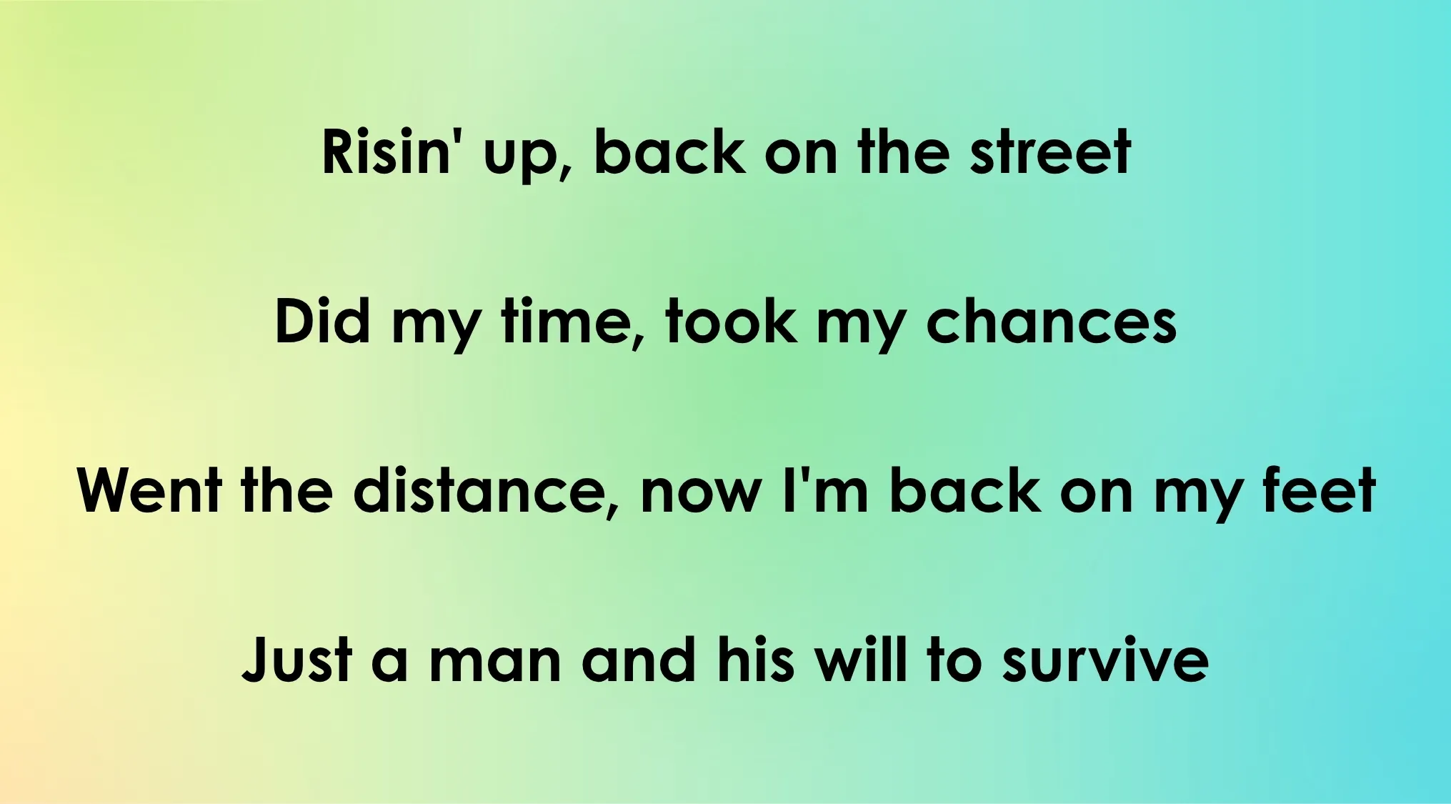 Black text against a blue-yellow gradient background showing opening lyrics for a 70s and 80s song lyrics quiz.