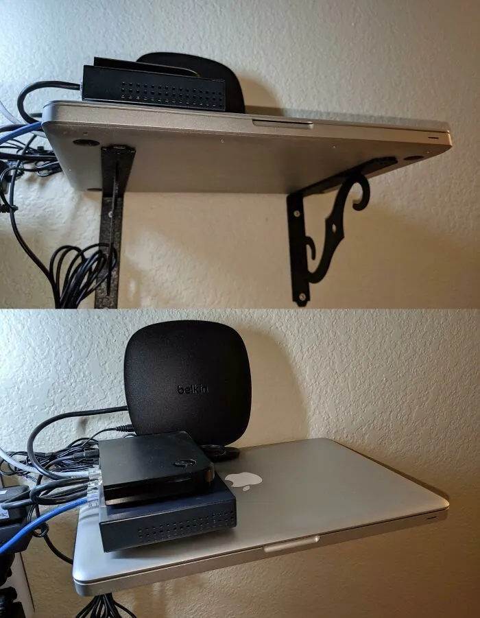Wild and unhinged way to fix a lack of shelf space by mounting a MacBook to the wall.