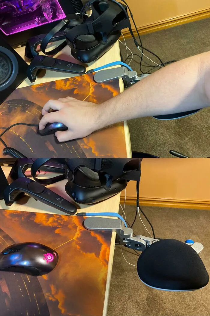 A hand on a computer mouse next to VR equipment, using an arm rest as a wild way to fix wrist discomfort.