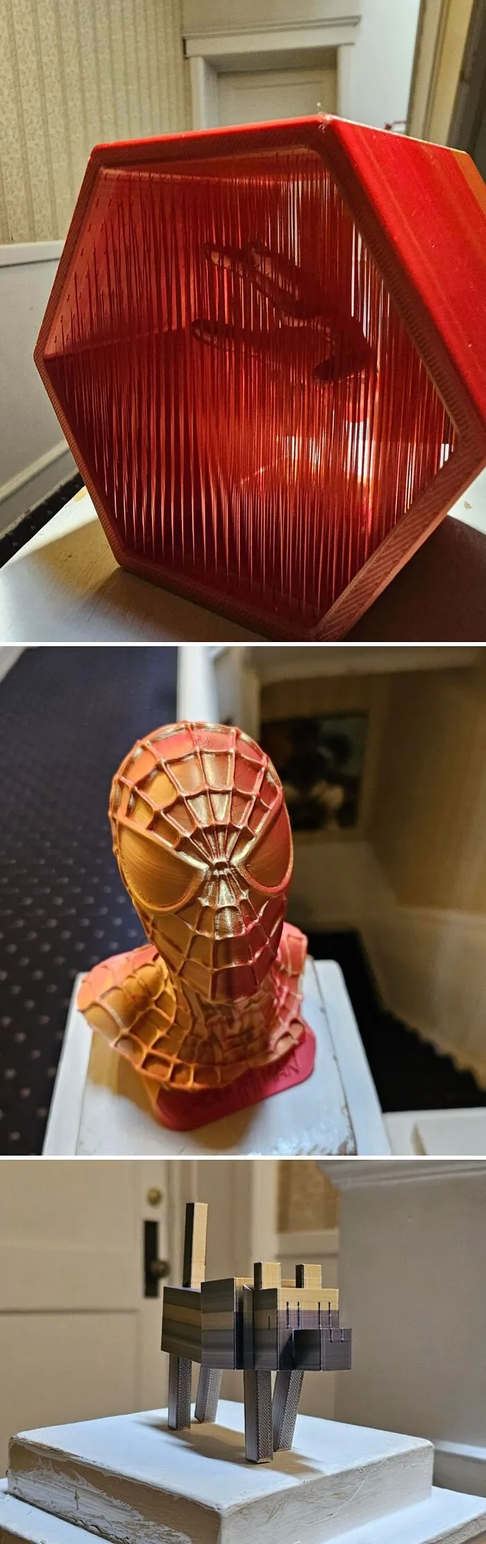 Mi novia vive en un apartamento donde un vecino anónimo deja algunos de sus objetos impresos en 3D en las barandillas de las escaleras. Aquí tenéis algunos de los más recientes.