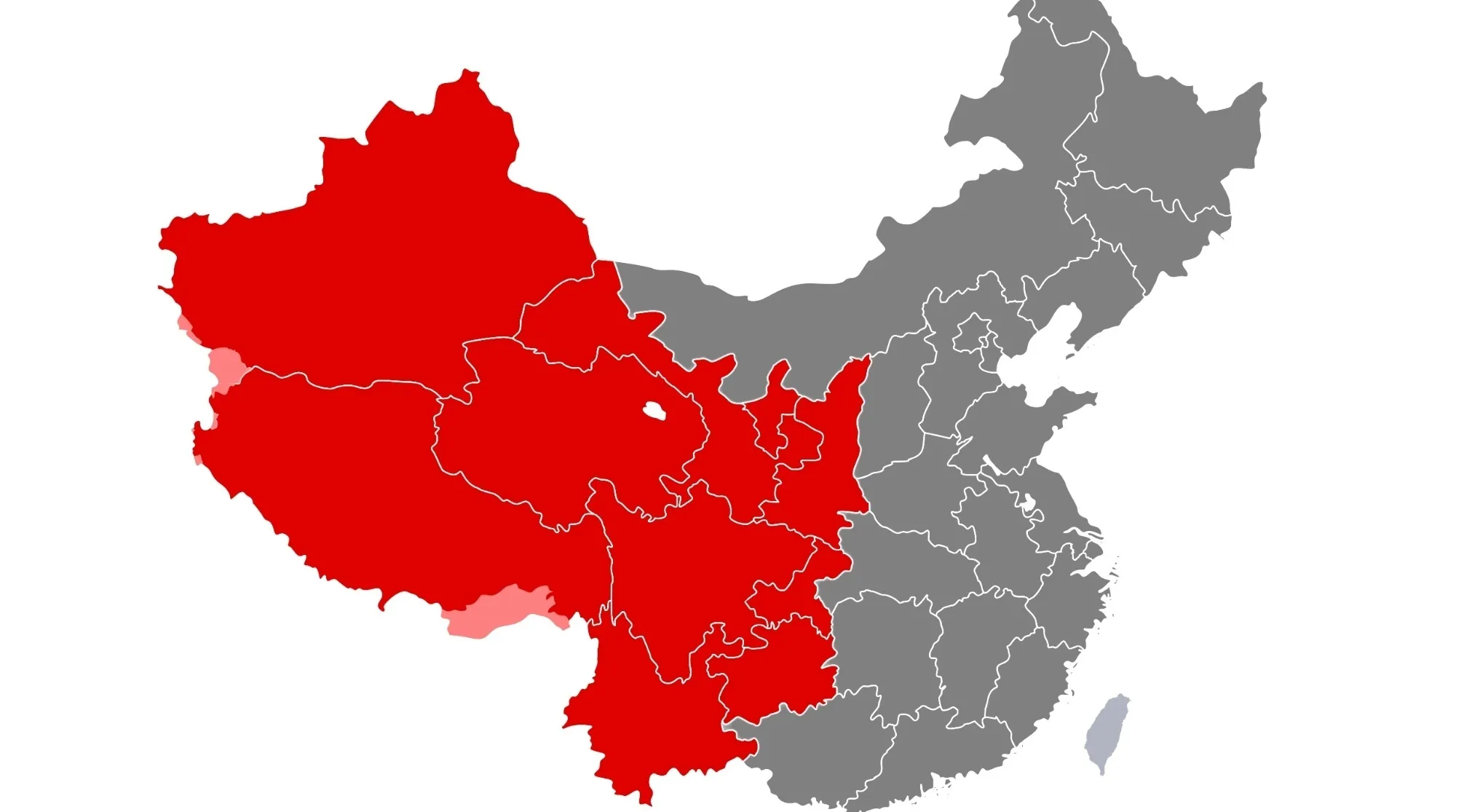 Map of China with Western China highlighted in red. This visualizes the landform coverage for a geography exam.