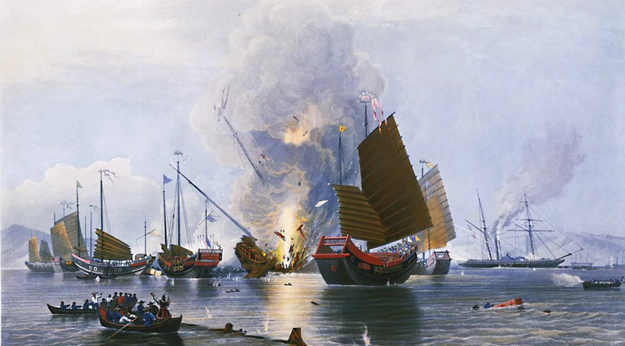 Painting depicting the Opium Wars in China. Ships battle on the water, with one vessel exploding in a cloud of smoke and fire.