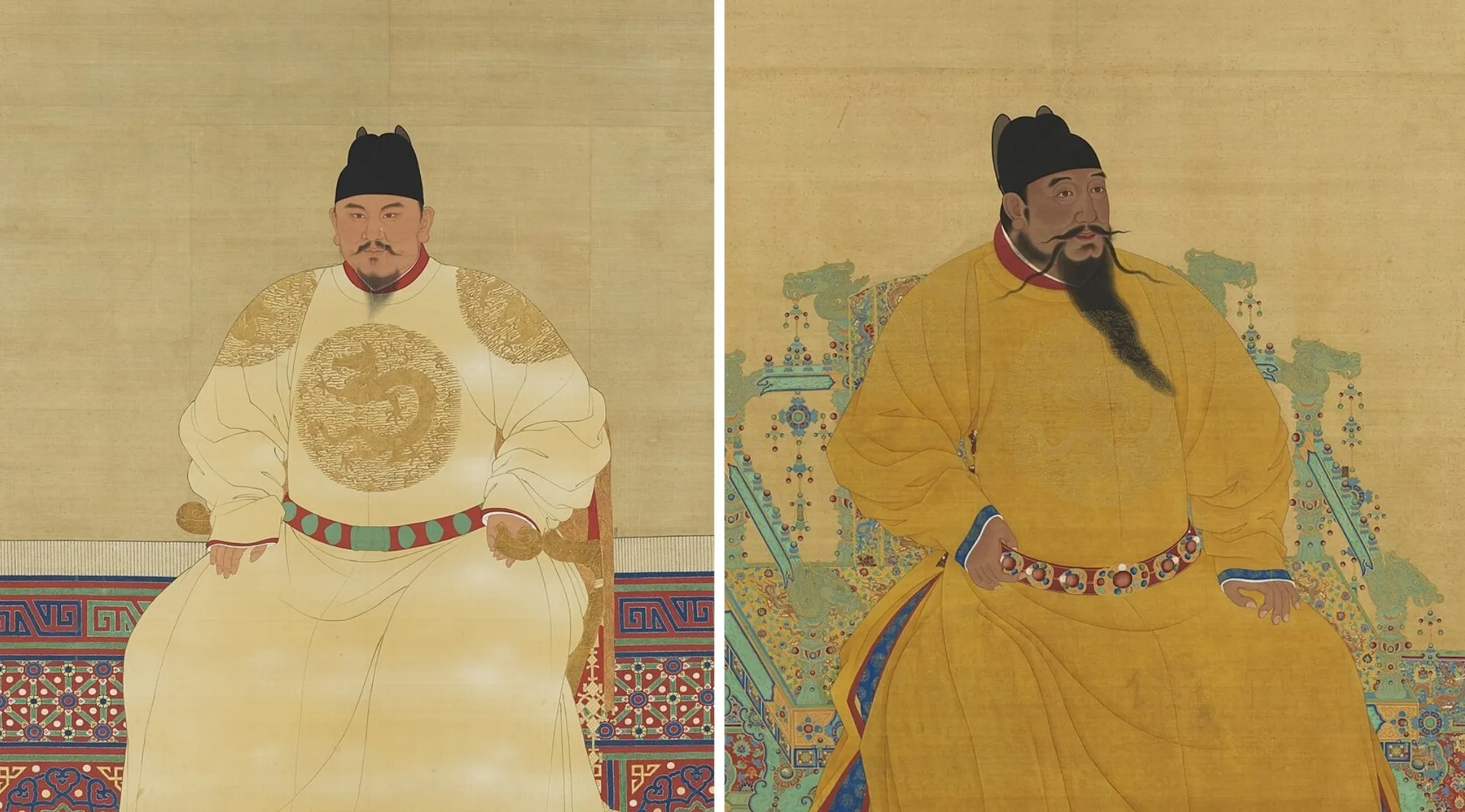 Two Ming Dynasty portraits. One emperor in a white robe with a dragon, another in yellow with a long beard. Chinese Exam History.