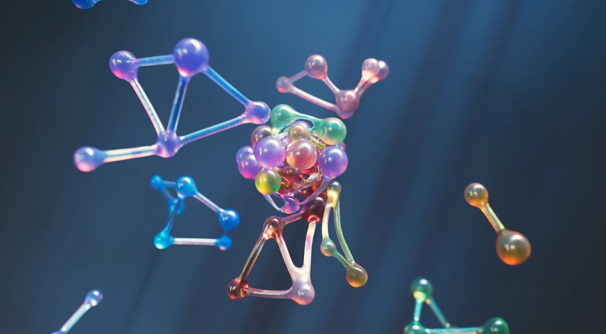 Vibrant, abstract molecules against a dark blue background, illustrating complex biological bonds related to protein structure in Biology.