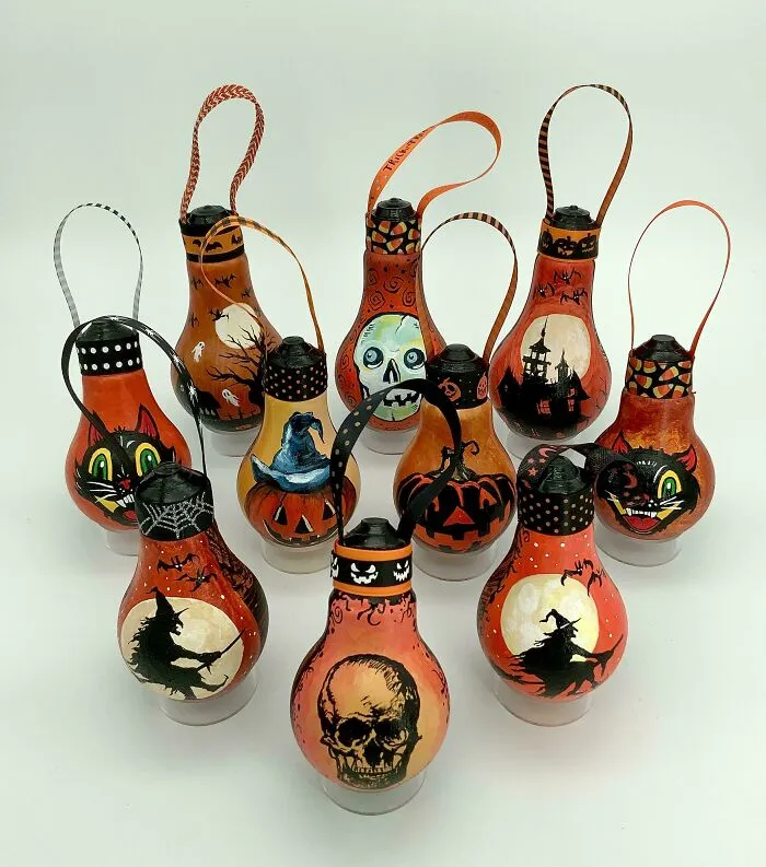 I Painted These Ornaments Using Salvaged, Burnt Out Light Bulbs. I Did A Marbling Effect On The Back Of Each