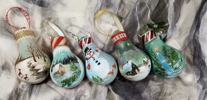 My Hand Painted Christmas Ornaments Using Salvaged Burnt Out Light Bulbs