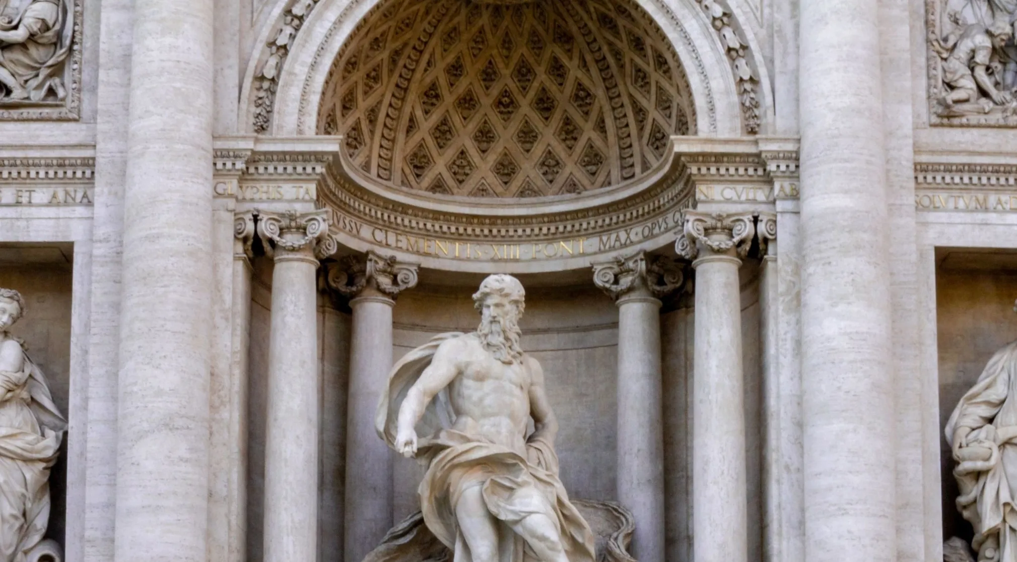 Zoomed in Landmarks: Trevi Fountain, Rome. Detailed sculpture of Oceanus, a key iconic landmark statue.