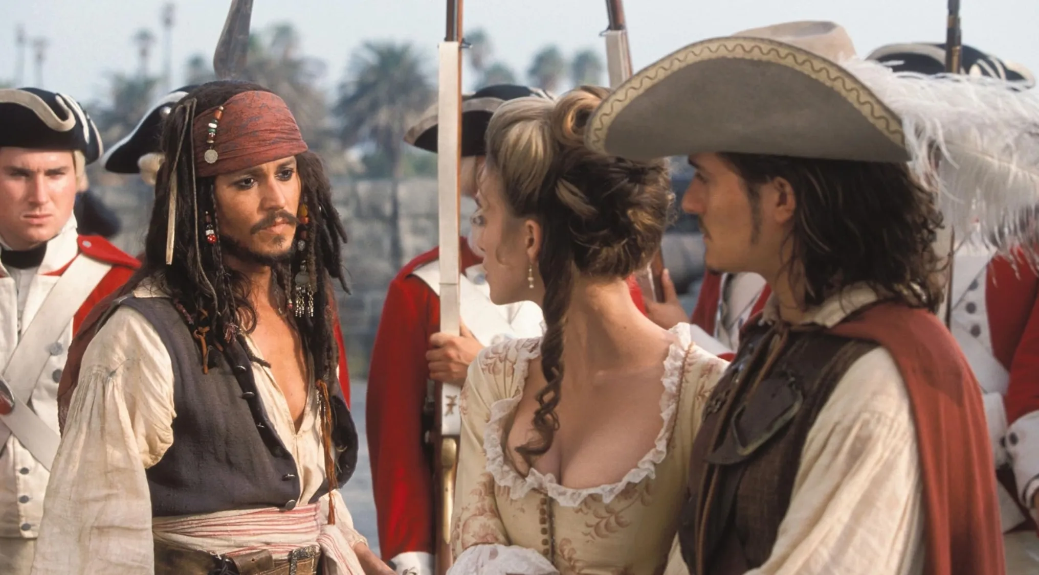 A scene from a movie franchise with Captain Jack Sparrow among other characters, posing a question about movie subtitles.