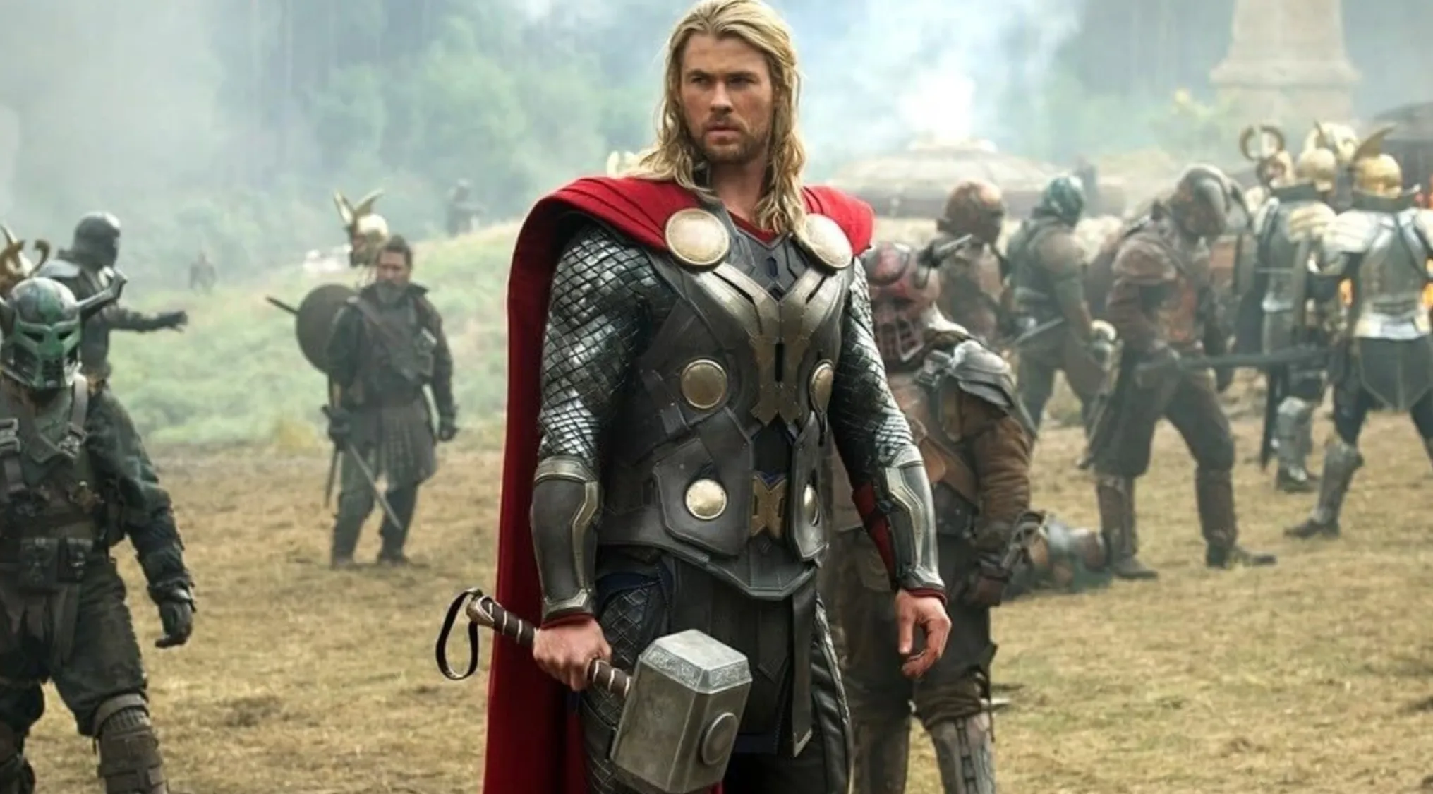 Thor holding Mjolnir surrounded by warriors, an Odd One Out movie franchises film subtitle that doesn't belong.