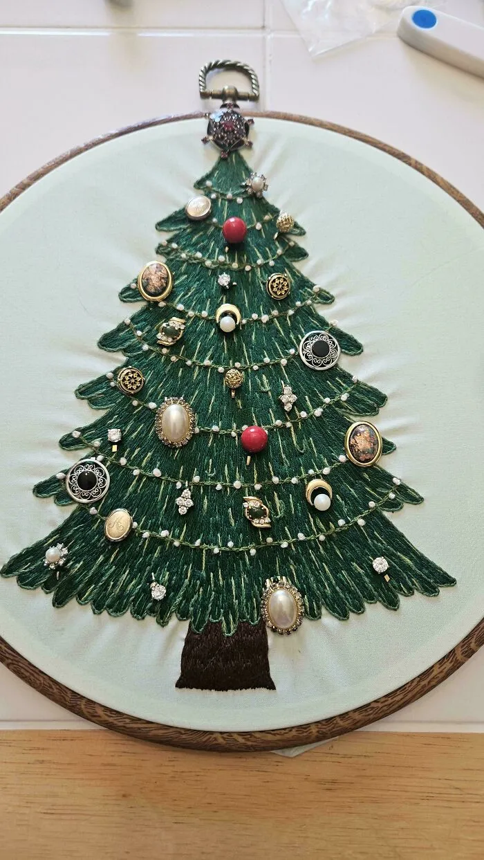 Embroidery project of a Christmas tree decorated with vintage buttons