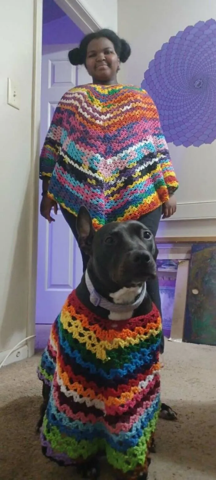 Le hice un poncho a juego a mi perro