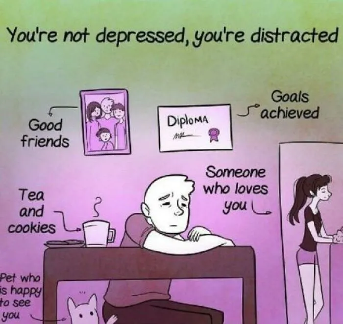 An illustration showing a sad person surrounded by good things, illustrating bad advice for depression.