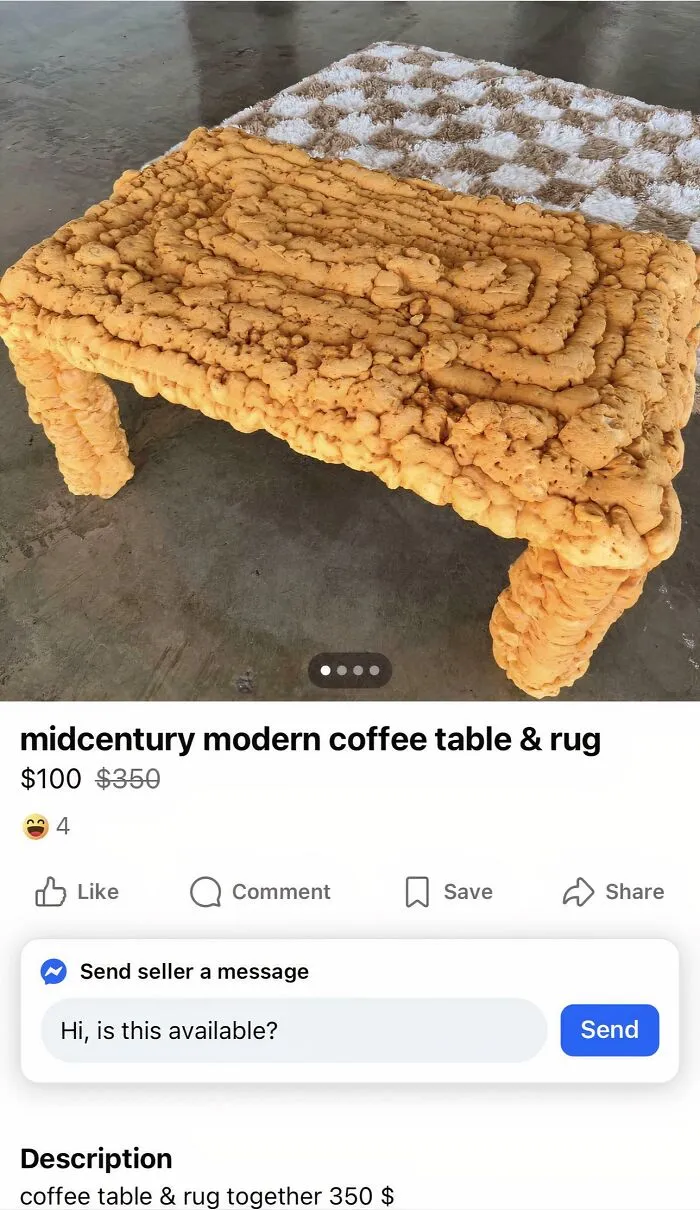A bizarre midcentury modern coffee table and rug made with yellow foam on a paved outdoor surface.