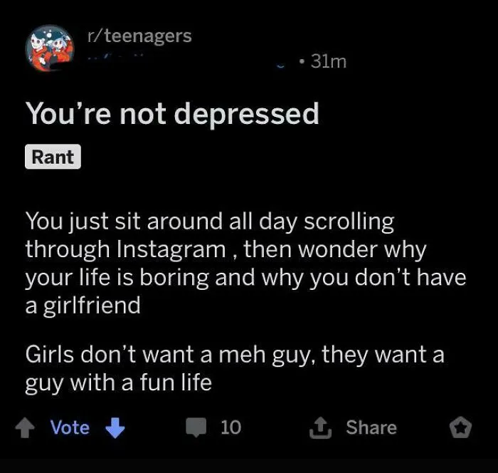 A Reddit post offering unsolicited advice, suggesting depression is caused by scrolling Instagram.