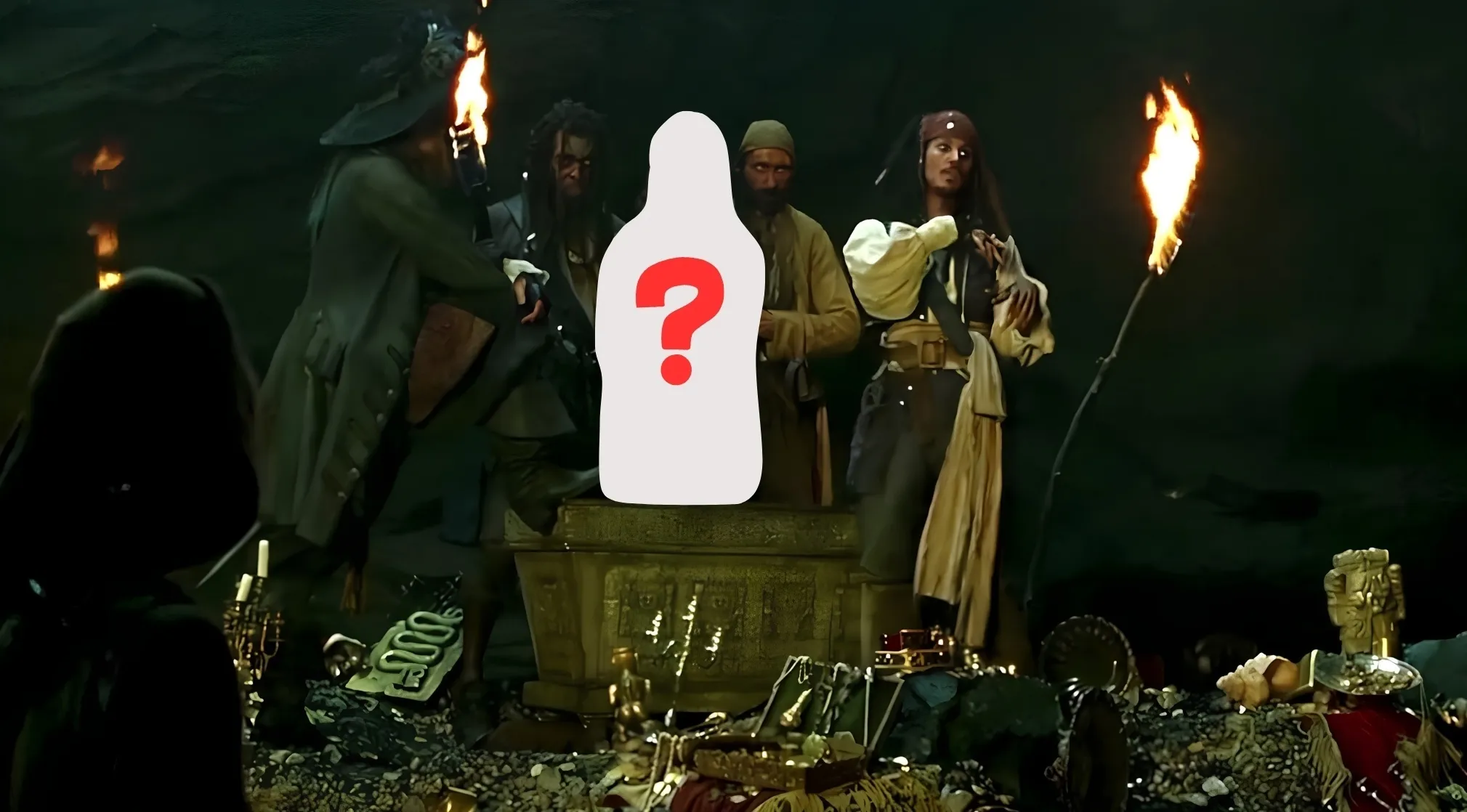 A Pirates of the Caribbean scene in a dark cave with three characters and a missing fearless hero, shown by a white outline with a red question mark.
