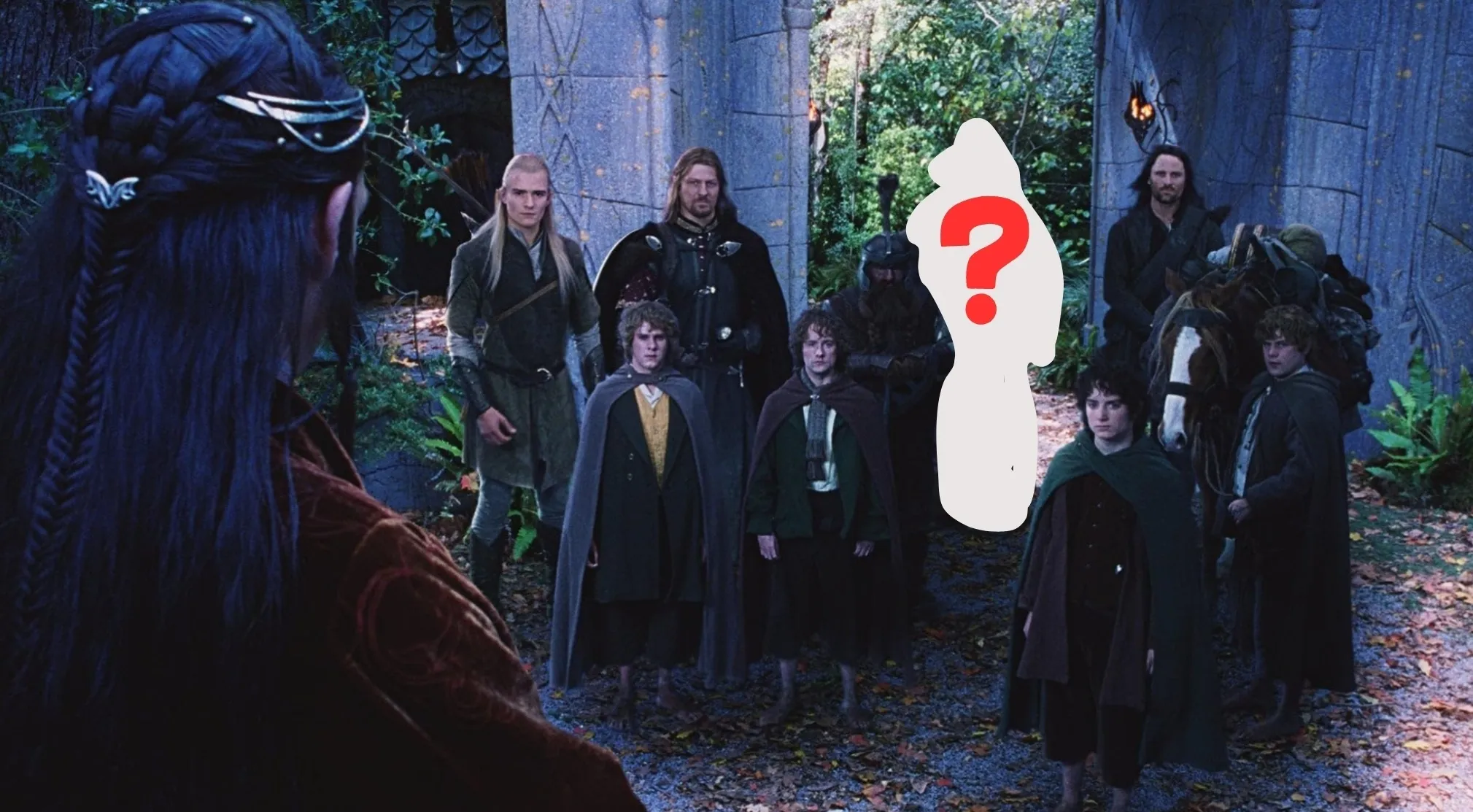 The Fellowship gathered, but one legendary character is missing. A silhouette with a red question mark shows who's missing.