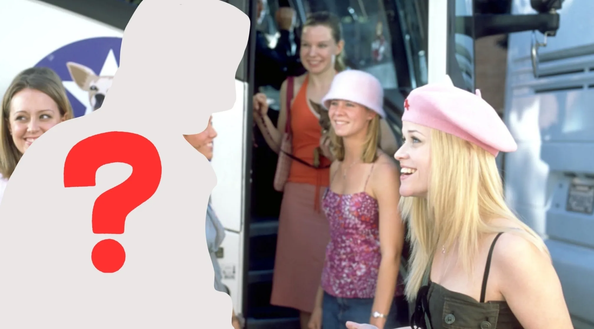 Legally Blonde scene with Elle Woods and friends. A silhouette with a question mark covers the missing character.