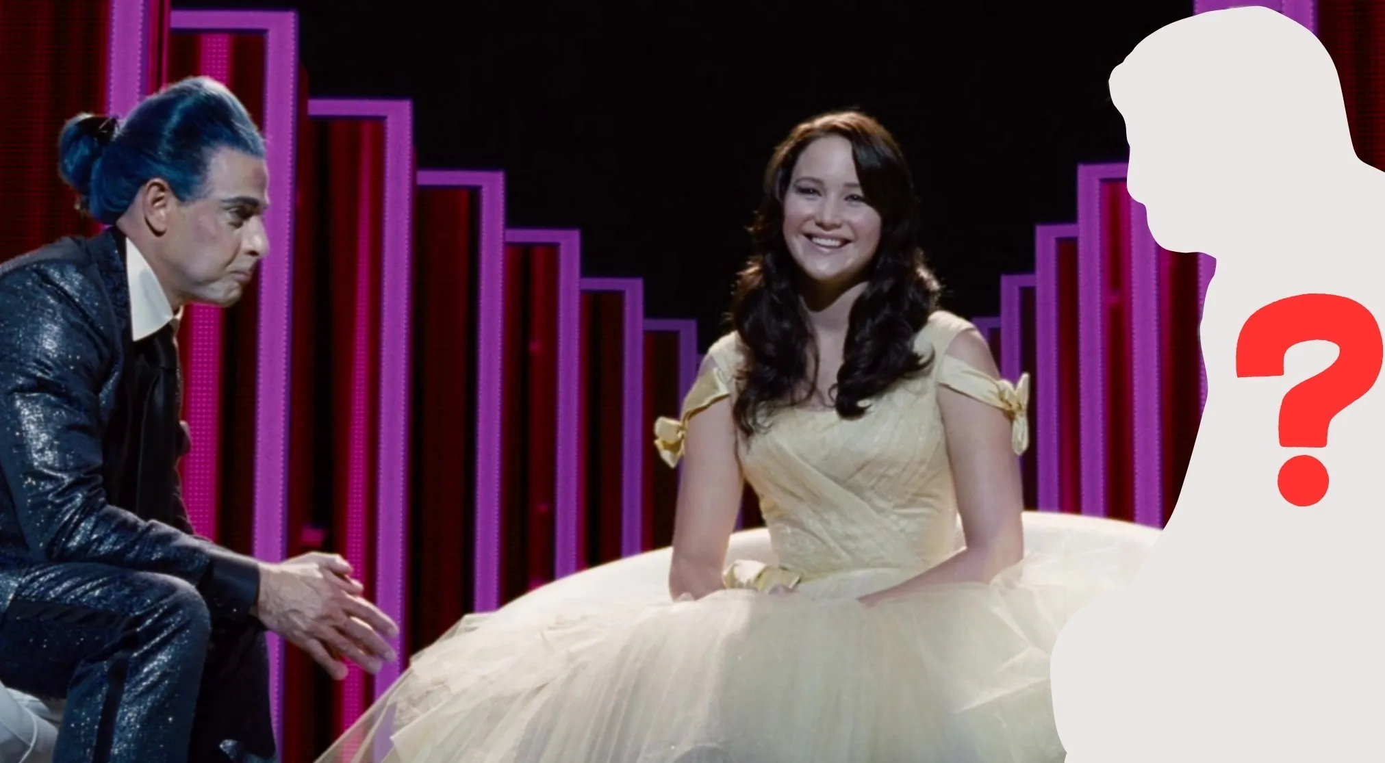 Jennifer Lawrence in a yellow gown with a man in blue hair, and a silhouette with a red question mark for the missing actor.