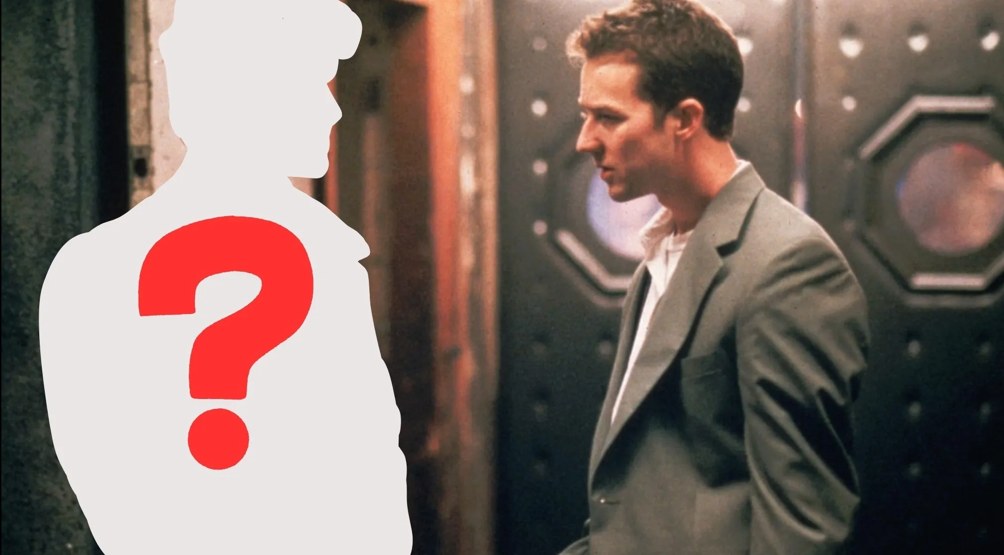 Edward Norton facing a missing actor silhouette with a red question mark. Who's missing in the picture? Fight Club duo.